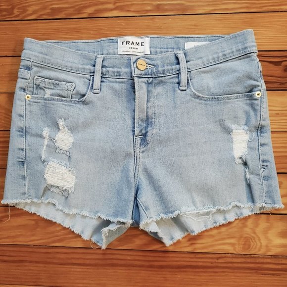 FRAME Denim Le Cutoff Shorts - EUC - Factory Distressed - Light Wash Sz 27 - Picture 1 of 10